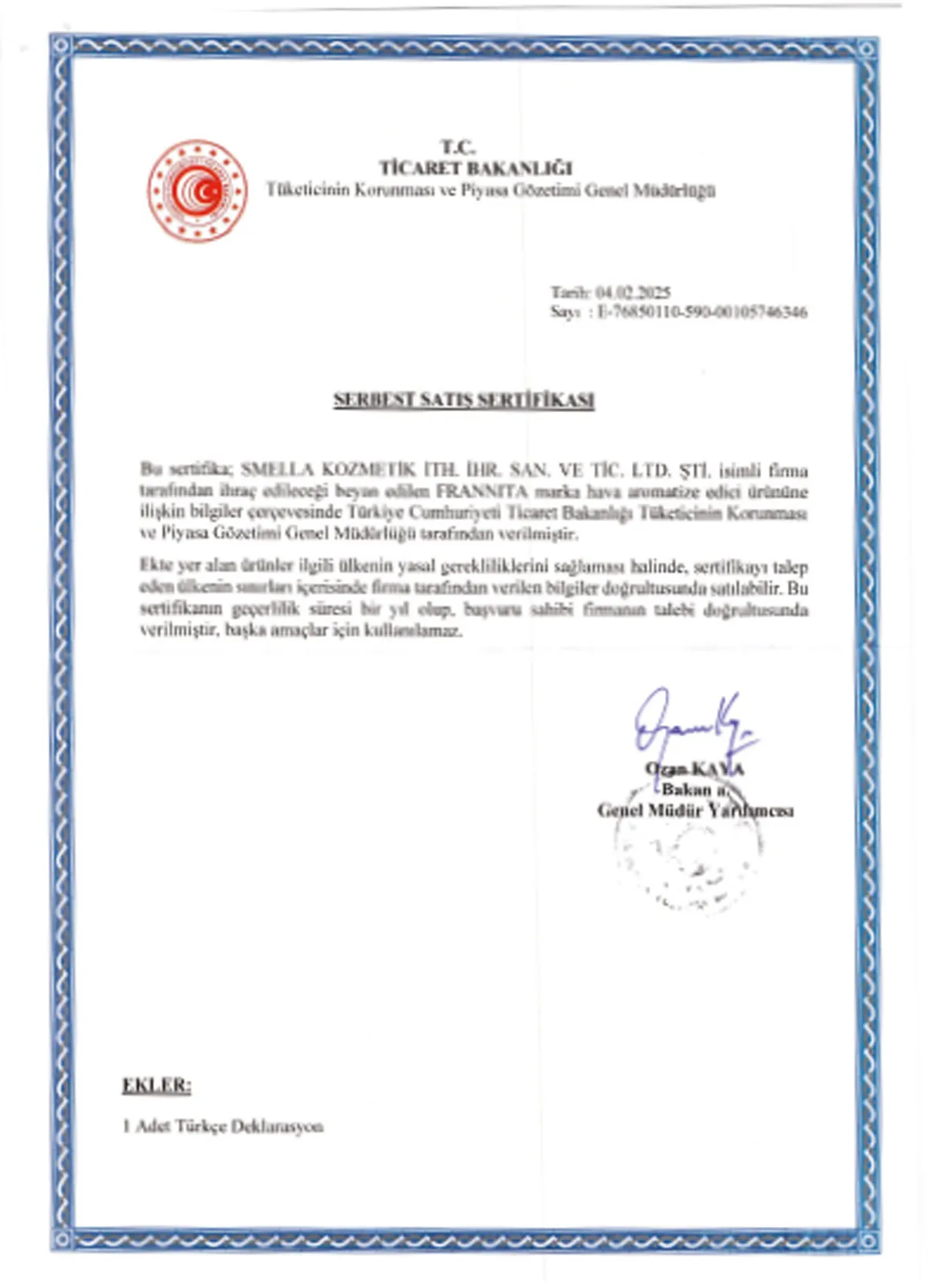 Certificat de libre vente – Smella Kozmetik